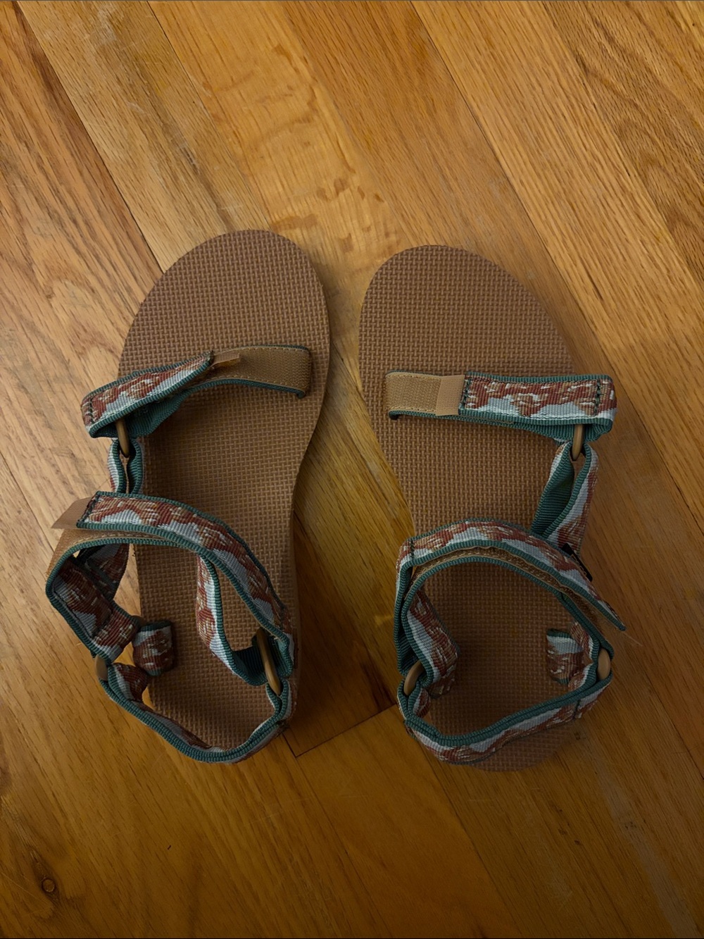 Teva Brown Footbed Sandals with Teal and Rust Patterned Straps